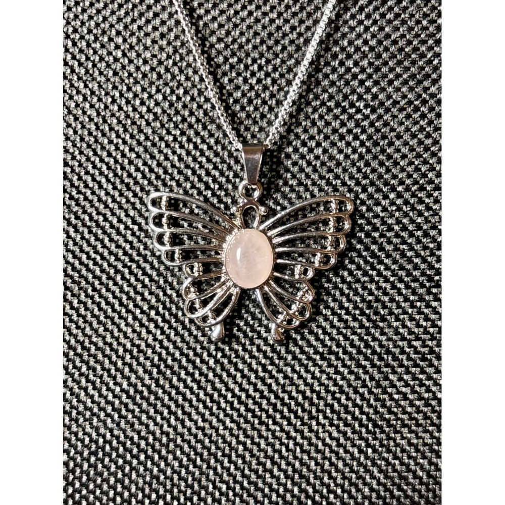 Silver Butterfly Rose Quartz Pendant Necklace Stainless Steel Box Chain 22in